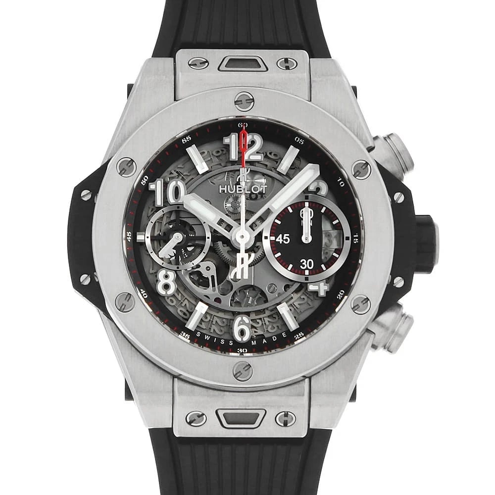 HUBLOT BIG BANG UNICO TITANIUM WATCH: HUBLOT Big Bang Unico Titanium Watch Brand: HUBLOT Type: Wrist watch Material: Band Material rubber, Case Material Titanium Color: Dial Color Skeleton Size: Case:W42mm Accessories: None Accessories