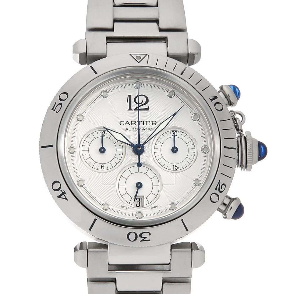 CARTIER PASHA CHRONOGRAPH WATCH: Cartier Pasha Chronograph Watch Brand: Cartier Type: Wrist watch Material: Band Material Stainless Steel, Case Material Stainless Steel Color: Dial Color Silver Size: Case:W38mm Circumference of