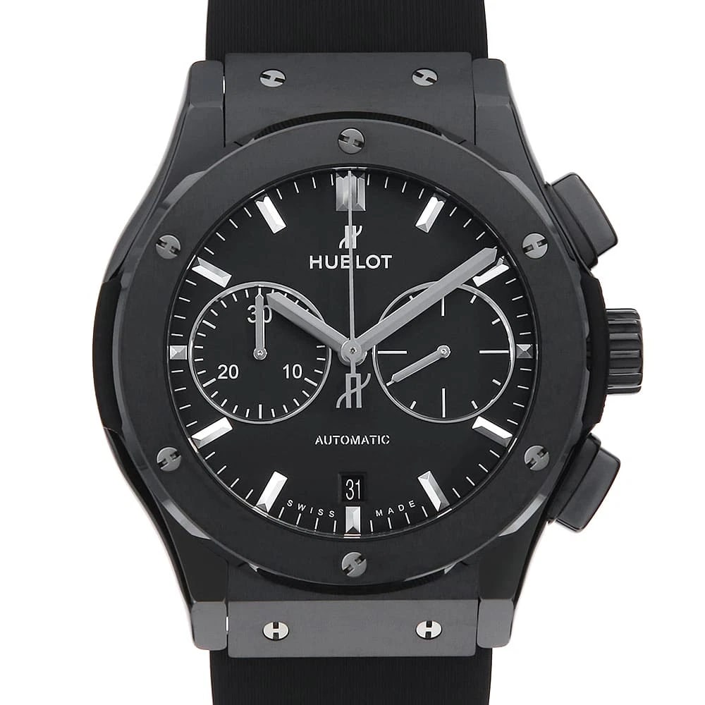 HUBLOT CLASSIC FUSION CHRONOGRAPH BLACK MAGIC WATCH: HUBLOT Classic fusion chronograph black magic Watch Brand: HUBLOT Type: Wrist watch Material: Band Material rubber, Case Material ceramic Color: Dial Color Black Size: Case:W45mm Accessories: None