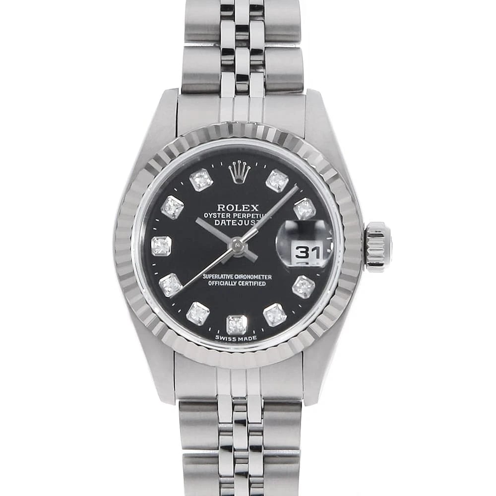 ROLEX DATEJUST DIAMOND BLACK WATCH: ROLEX Datejust Diamond black Watch Brand: ROLEX Type: Wrist watch Material: Band Material Stainless Steel, Case Material Stainless Steel/White gold Color: Dial Color Black Size: Case:W26mm