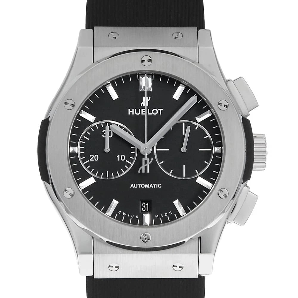 HUBLOT CLASSIC FUSION TITANIUM CHRONOGRAPH WATCH: HUBLOT Classic Fusion Titanium Chronograph Watch Brand: HUBLOT Type: Wrist watch Material: Band Material rubber, Case Material Titanium Color: Dial Color Black Size: Case:W45mm Accessories: None <