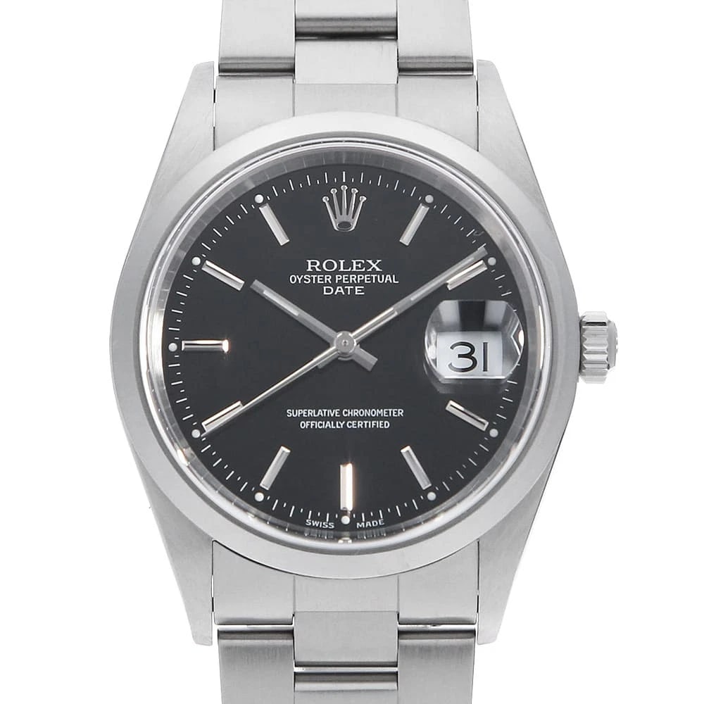 ROLEX OYSTER PERPETUAL DATE BLACK WATCH: ROLEX Oyster Perpetual Date black Watch Brand: ROLEX Type: Wrist watch Material: Band Material Stainless Steel, Case Material Stainless Steel Color: Dial Color Black Size: Case:W34mm Circumference of 