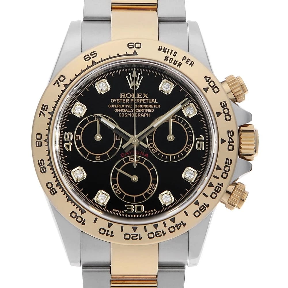 ROLEX COSMOGRAPH DAYTONA DIAMOND BLACK WATCH: ROLEX Cosmograph Daytona diamond black Watch Brand: ROLEX Type: Wrist watch Material: Band Material Stainless Steel/Yellow Gold, Case Material Stainless Steel/Yellow Gold Color: Dial Color Black