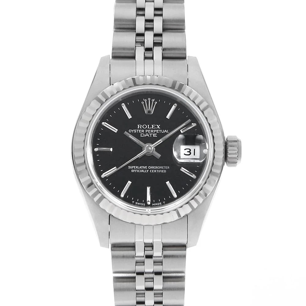 ROLEX DATEJUST BLACK WATCH: ROLEX Datejust black Watch Brand: ROLEX Type: Wrist watch Material: Band Material Stainless Steel, Case Material Stainless Steel/White gold Color: Dial Color Black Size: Case:W26mm Circumference of Wr