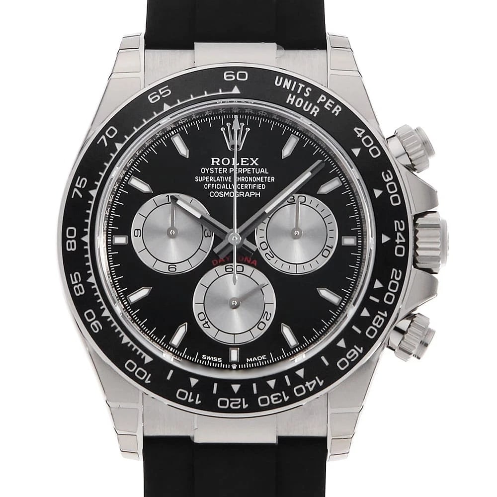 ROLEX COSMOGRAPH DAYTONA BLACK X STEEL WATCH: ROLEX Cosmograph Daytona black x Steel Watch Brand: ROLEX Type: Wrist watch Material: Band Material rubber, Case Material White Gold Color: Dial Color Black Size: Case:W40mm Circumference of Wrist:18c