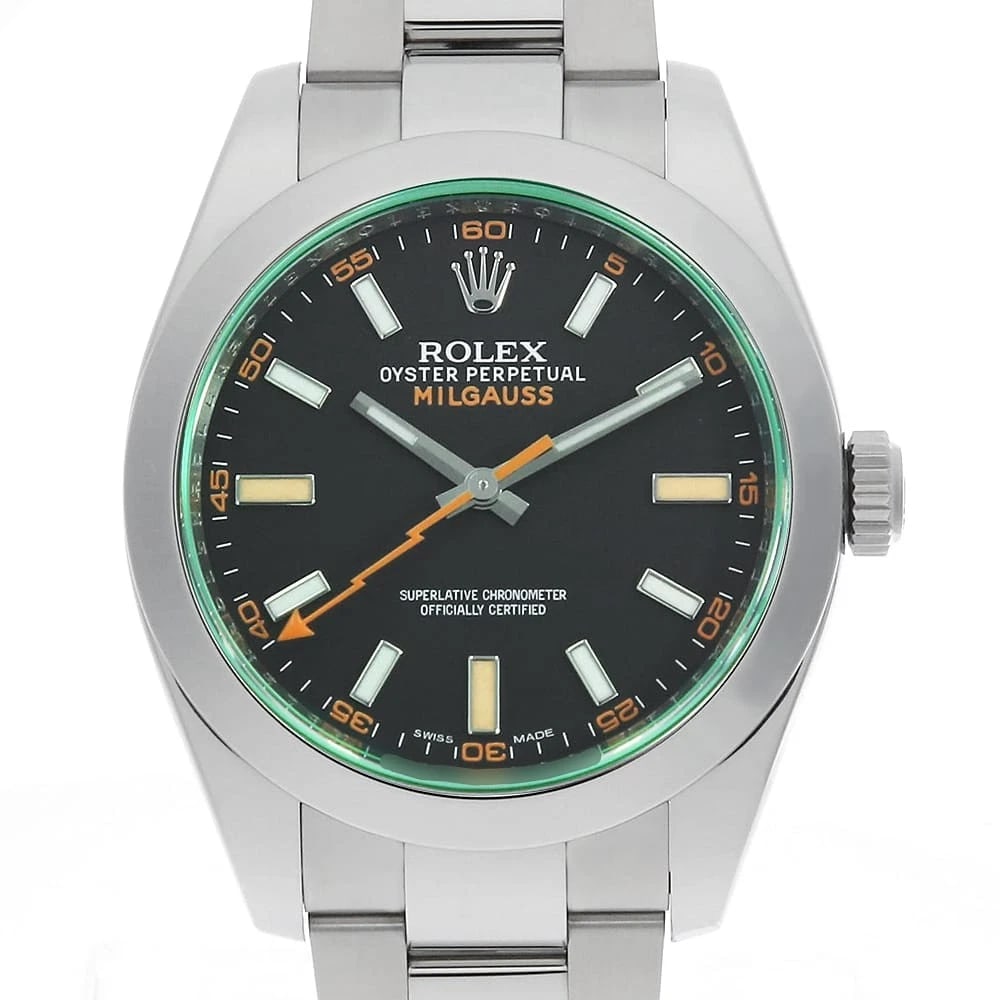 ROLEX MILGAUSS GREEN BLACK WATCH: ROLEX Milgauss green black Watch Brand: ROLEX Type: Wrist watch Material: Band Material Stainless Steel, Case Material Stainless Steel Color: Dial Color Black Size: Case:W40mm Circumference of Wrist:1