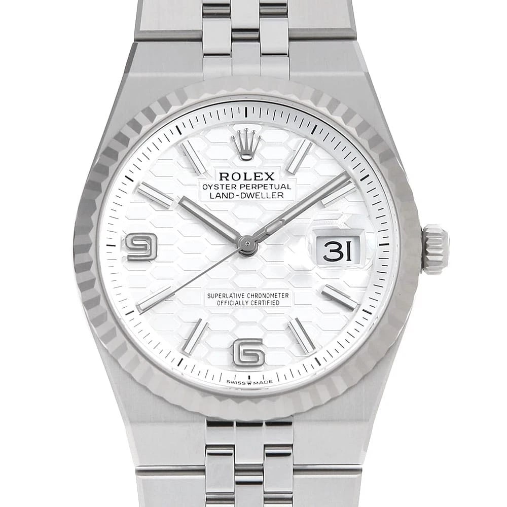 ROLEX LAND DWELLER WHITE WATCH: ROLEX Land Dweller white Watch Brand: ROLEX Type: Wrist watch Material: Band Material Stainless Steel/White Gold, Case Material Stainless Steel/White Gold Color: Dial Color White Size: Case:W36mm Circ