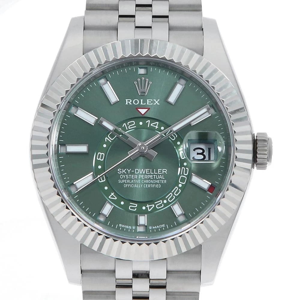 ROLEX SKY-DWELLER MINT GREEN ROW JUBILEE BRACELET WATCH: ROLEX SKY-DWELLER Mint green row jubilee bracelet Watch Brand: ROLEX Type: Wrist watch Material: Band Material Stainless Steel, Case Material Stainless Steel/White gold Color: Dial Color Mint Green