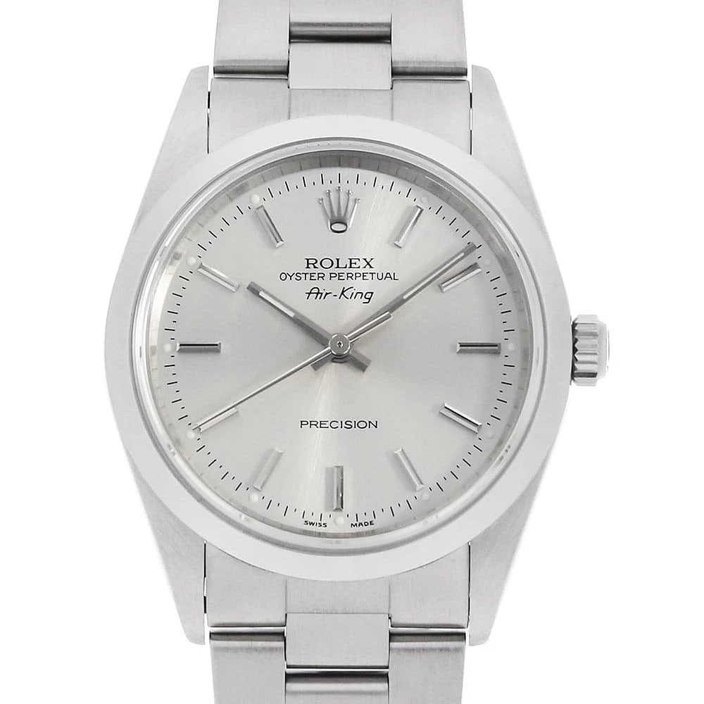 ROLEX AIR KING SILVER WATCH: ROLEX Air king Silver Watch Brand: ROLEX Type: Wrist watch Material: Band Material Stainless Steel, Case Material Stainless Steel Color: Dial Color Silver Size: Case:W34mm Circumference of Wrist:18cm 
