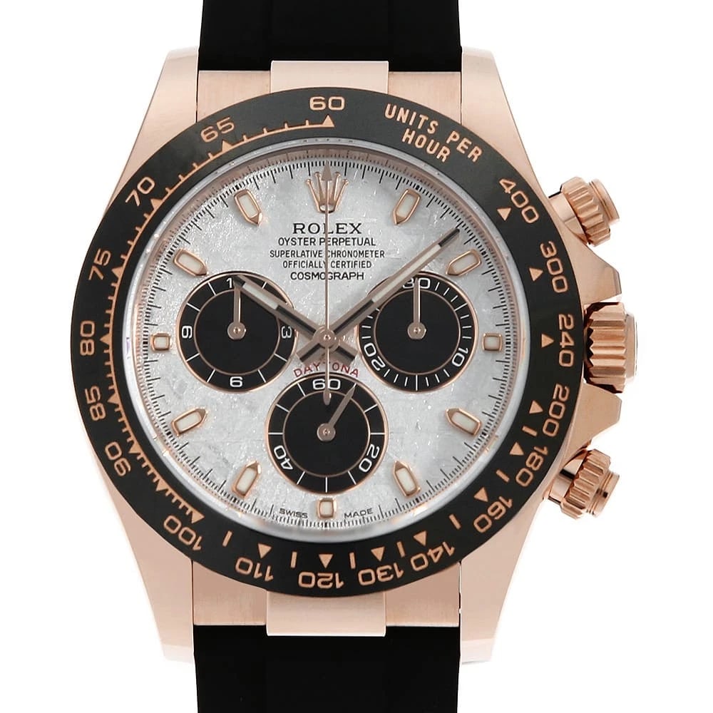ROLEX COSMOGRAPH DAYTONA METEOLITE X BLACK WATCH: ROLEX Cosmograph Daytona Meteolite x black Watch Brand: ROLEX Type: Wrist watch Material: Band Material rubber, Case Material Everose Gold Color: Dial Color Meteorite Size: Case:W40mm Circumference