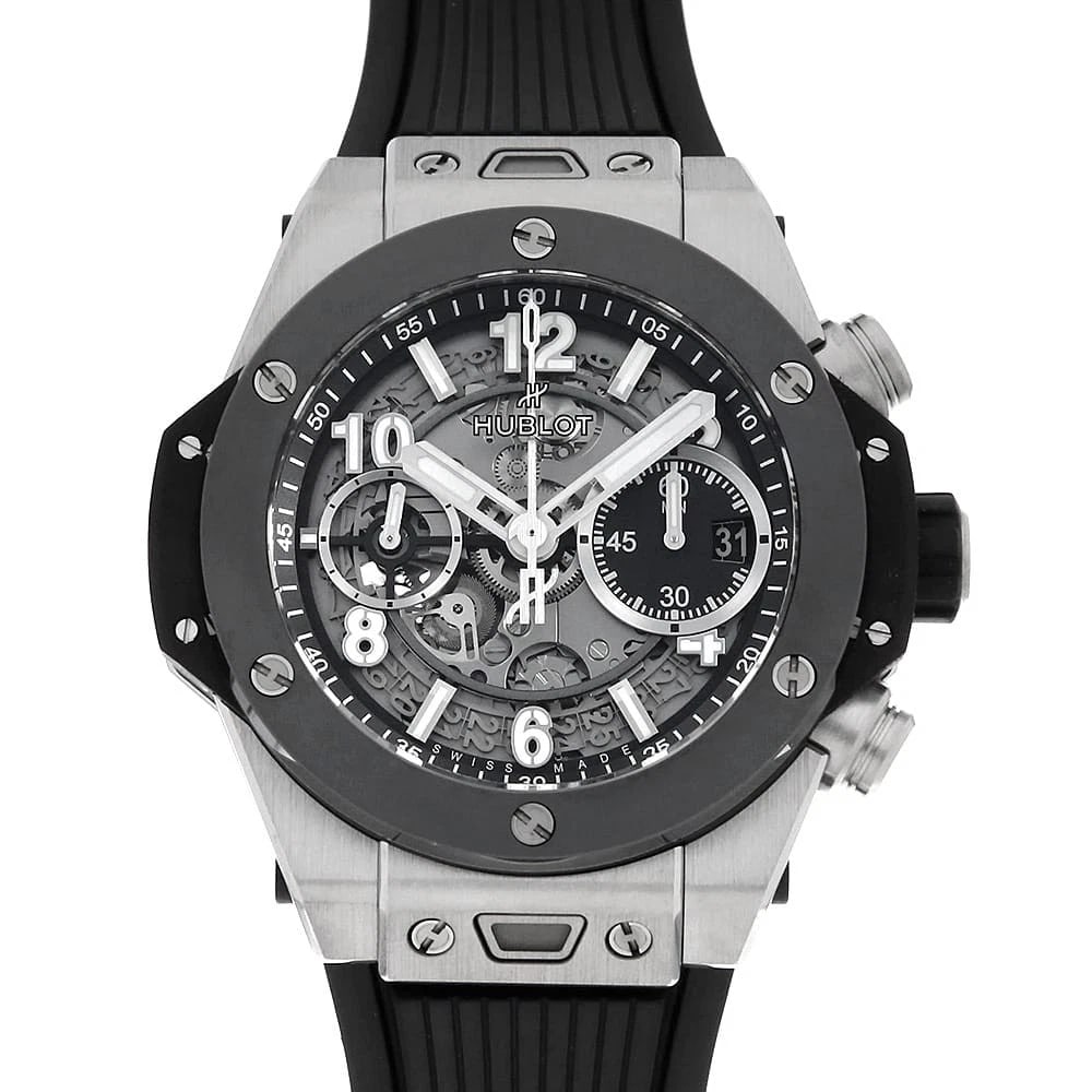 HUBLOT BIG BANG UNICO TITANIUM CERAMIC WATCH: HUBLOT Big Bang Unico Titanium Ceramic Watch Brand: HUBLOT Type: Wrist watch Material: Band Material rubber, Case Material Titanium Color: Dial Color Skeleton Size: Case:W42mm Accessories: None
