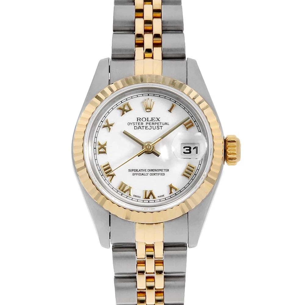 ROLEX DATEJUST WHITE ROME WATCH: ROLEX Datejust white Rome Watch Brand: ROLEX Type: Wrist watch Material: Band Material Stainless Steel/Yellow Gold, Case Material Stainless Steel/Yellow Gold Color: Dial Color White Size: Case:W26mm