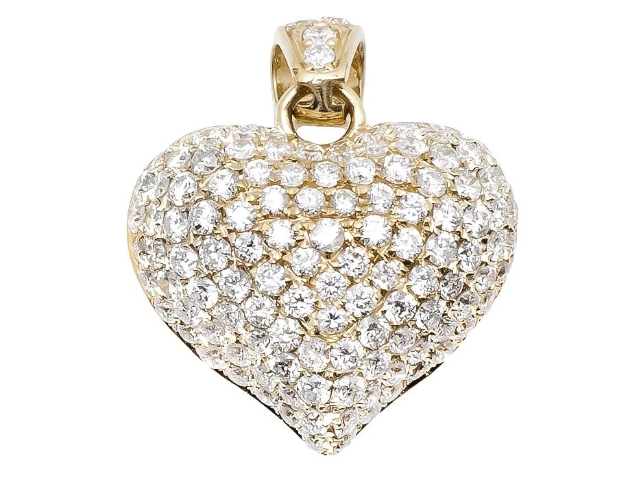 PUFF ICED VS DIAMOND HEART PENDANT CHARM: Puff Iced VS Diamond Heart Pendant Charm Brand: None Type/Style: Necklace Material: 14k Yellow Gold Color: Yellow Gold Size: Dimension 0.7" Accessories: None Accessories Notice: When purchasing