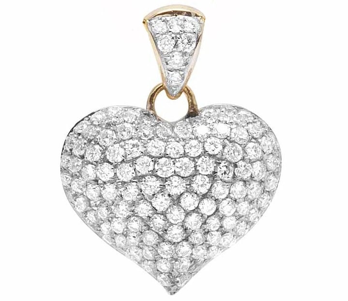 PUFF ICED DIAMOND HEART PENDANT CHARM: Puff Iced Diamond Heart Pendant Charm Brand: None Type/Style: Necklace Material: 14k Yellow Gold Color: Yellow Gold Size: Dimension 0.82" Accessories: None Accessories Notice: When purchasing