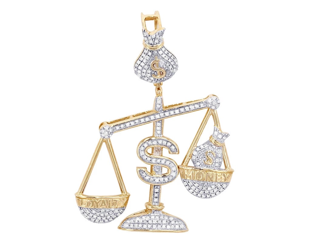 LOYALTY MONEY SCALE DIAMOND PENDANT: Loyalty Money Scale Diamond Pendant Brand: None Type/Style: Necklace Material: 10k Multi-Tone Gold Color: none Size: Dimension 1.8" Accessories: None Accessories Notice: When purchasing pr