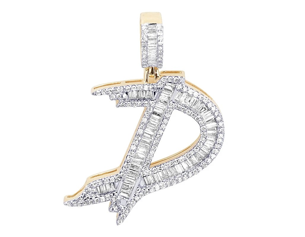 DIAMOND BAGUETTE INITIAL "D" PENDANT: Diamond Baguette Initial "D" Pendant Brand: None Type/Style: Pendant Material: 10k Yellow Gold Color: Yellow Gold Size: Dimension L 1.4", W 22.4 MM Accessories: None Accessories Notice: When