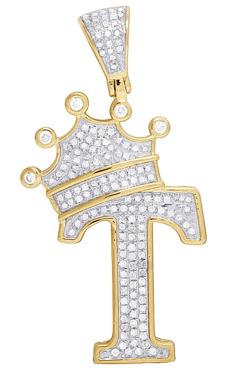 GENUINE DIAMOND CROWN LETTER INITIAL "T" PENDANT: Genuine Diamond Crown Letter Initial "T" Pendant Brand: None Type/Style: Necklace Material: 10k Yellow Gold Color: Yellow Gold Size: Dimension 1.6" Accessories: None Accessories Notice: When