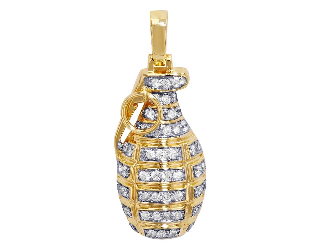 GRENADE DIAMOND PENDANT: Grenade Diamond Pendant Brand: None Type/Style: Necklace Material: 10k Yellow Gold Color: Yellow Gold Size: Dimension 1.5" Accessories: None Accessories Notice: When purchasing pre-owned goods,