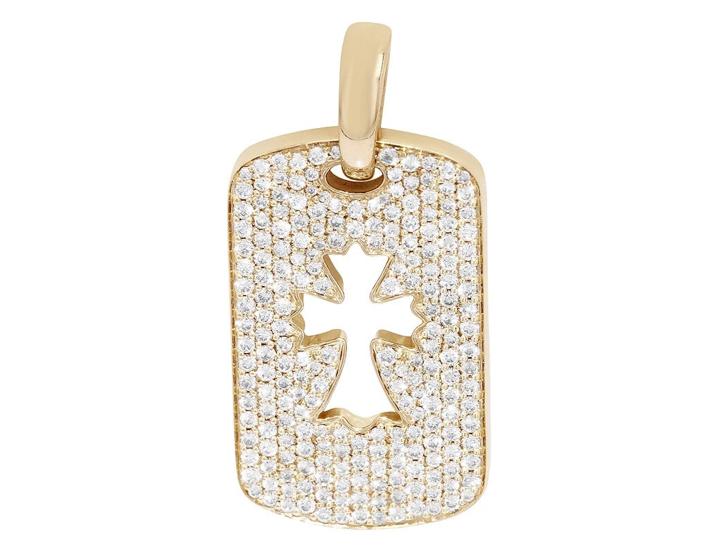 HOLLOW CROSS DIAMOND TAG PENDANT: Hollow Cross Diamond Tag Pendant Brand: None Type/Style: Necklace Material: 10k Yellow Gold Color: Yellow Gold Size: Dimension L 1.5" x W 18mm Accessories: None Accessories Notice: When pu