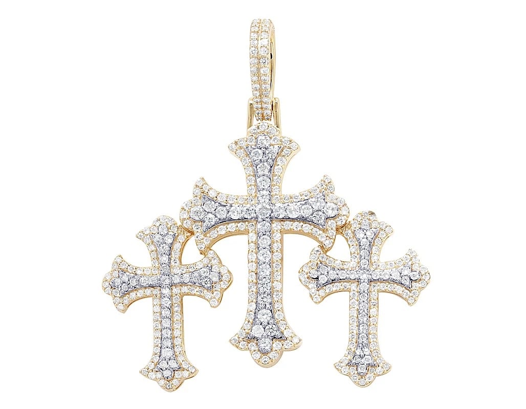 TRI-CROSS DIAMOND PENDANT: Tri-Cross Diamond Pendant Brand: None Type/Style: Pendant Material: 10k Yellow-White Gold Color: none Size: Dimension L 1.8" , W 1.6" , H 0.2" Accessories: None Accessories Notice: When pu