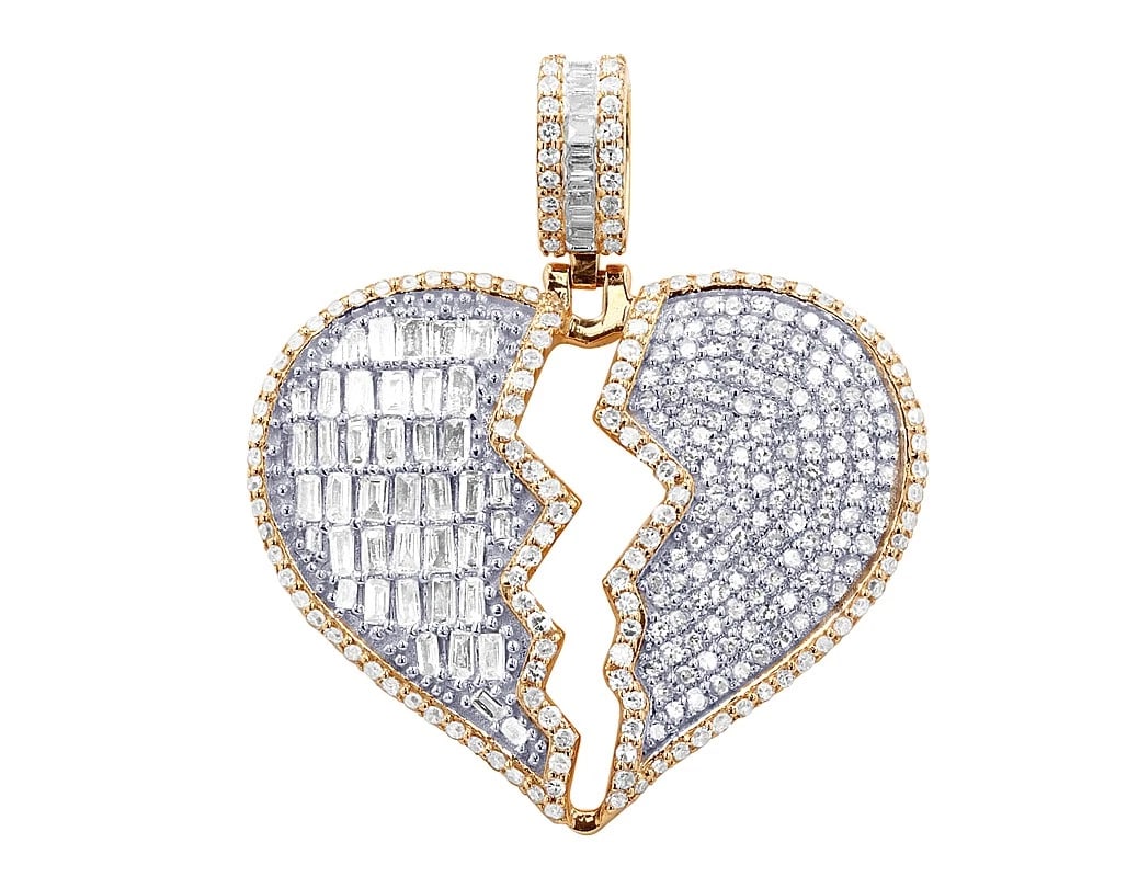 BROKEN HEART DIAMOND PENDANT BAGUETTE ROUND: Broken Heart Diamond Pendant Baguette Round Brand: None Type/Style: Pendant Material: 10k Yellow Gold Color: Yellow Gold Size: Dimension Length 21MM Width 25MM Bail 8MM Accessories: None Accessories