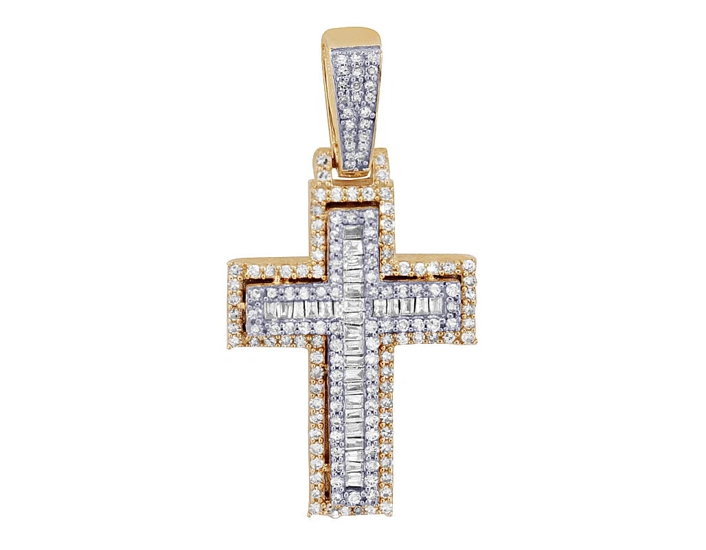 NESTLED BAGUETTE CROSS DIAMOND PENDANT: Nestled Baguette Cross Diamond Pendant Brand: None Type/Style: Necklace Material: 10k Yellow-White Gold Color: none Size: Dimension W 17.5mm, L 35mm Accessories: None Accessories Notice: When
