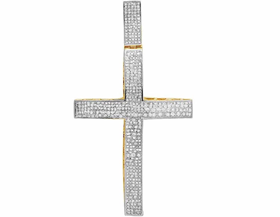 GENUINE DIAMOND ICED DOME CROSS PENDANT CHARM: Genuine Diamond Iced Dome Cross Pendant Charm Brand: None Type/Style: Necklace Material: 10k Yellow Gold Color: Yellow Gold Size: Dimension 2.5" Accessories: None Accessories Notice: When