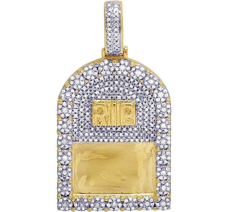 DIAMOND RIP TOMBSTONE CUSTOM PENDANT CHARM: Diamond RIP Tombstone Custom Pendant Charm Brand: None Type/Style: Necklace Material: 10k Yellow Gold Color: Yellow Gold Size: Dimension 1.65" Accessories: None Accessories Notice: When pu