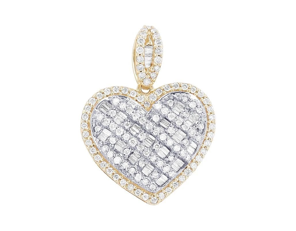 BAGUETTE DIAMOND 3D HEART PENDANT: Baguette Diamond 3D Heart Pendant Brand: None Type/Style: Pendant Material: 10k Yellow-White Gold Color: none Size: Dimension L 1", W 0.77" Accessories: None Accessories Notice: When purch