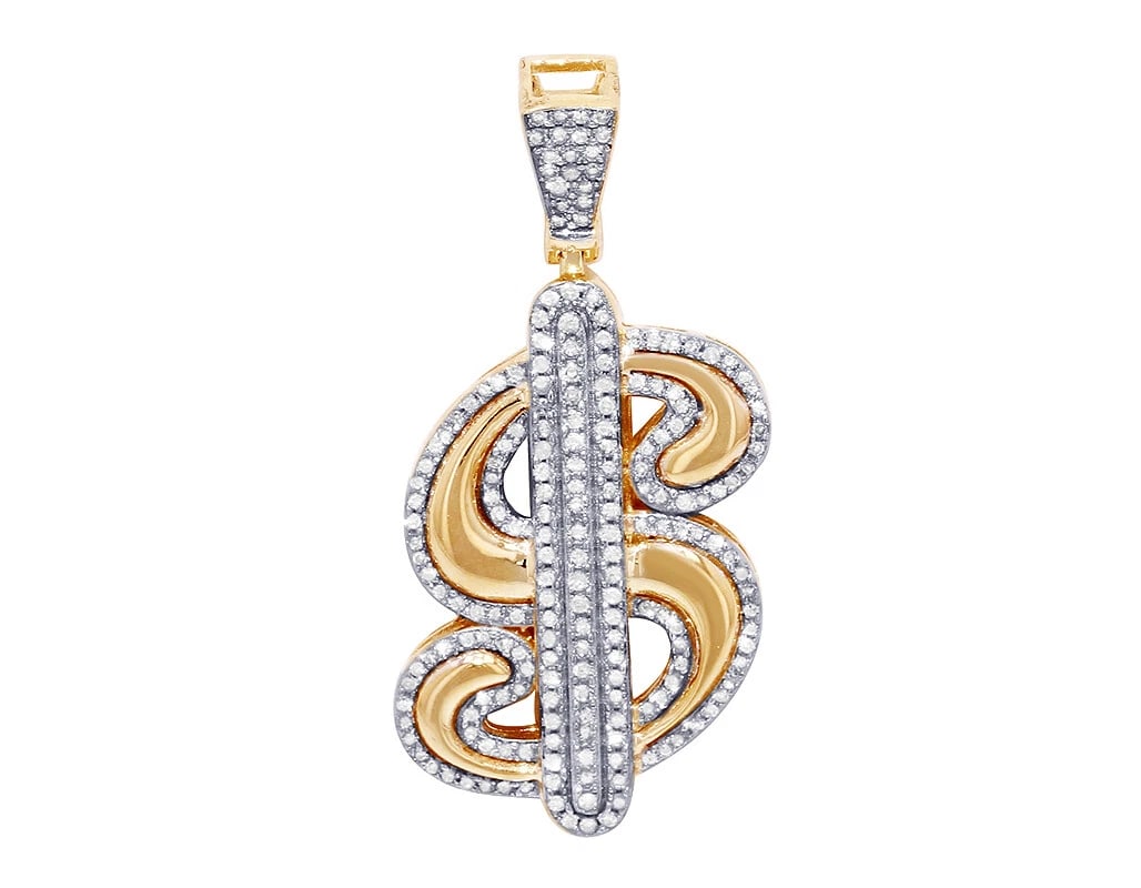 DOLLAR SIGN "$" DIAMOND PENDANT: Dollar Sign "$" Diamond Pendant Brand: None Type/Style: Necklace Material: 10k Yellow Gold Color: Yellow Gold Size: Dimension 1.5" Accessories: None Accessories Notice: When purchasing pre-owned