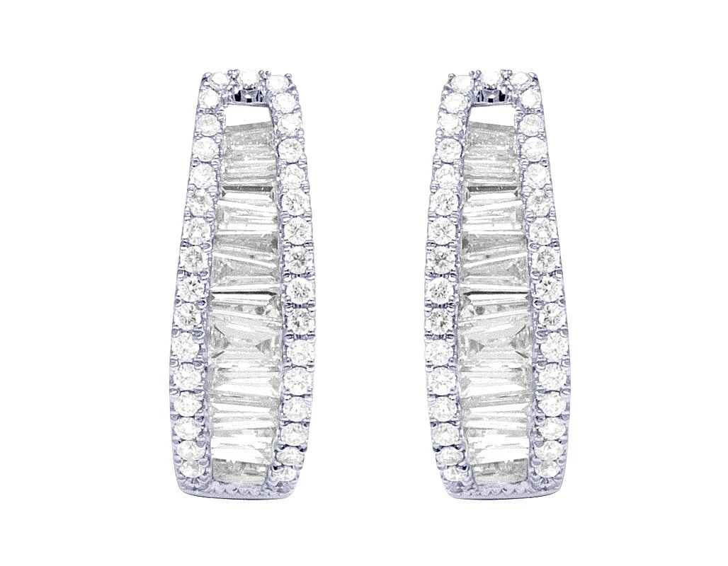 DIAMOND BAGUETTE TAPERED HOOP EARRINGS: Diamond Baguette Tapered Hoop Earrings Brand: None Type/Style: Earrings Material: 18k White Gold Color: White Gold Size: Dimension 15MM X 5MM Accessories: None Accessories Notice: When purchasing