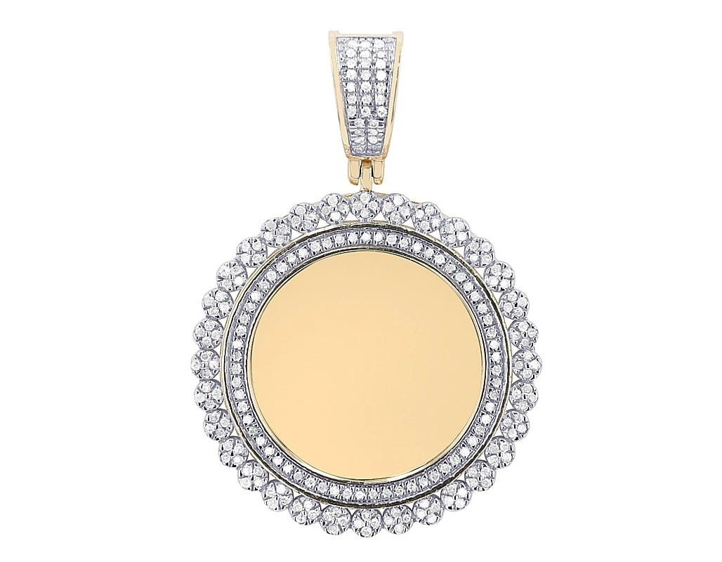 FLOWER HALO FRAME DIAMOND ROUND MEMORY PENDANT: Flower Halo Frame Diamond Round Memory Pendant Brand: None Type/Style: Pendant Material: 10k Yellow Gold Color: Yellow Gold Size: Dimension 1.48" without the bail 2.02" total height with the bail