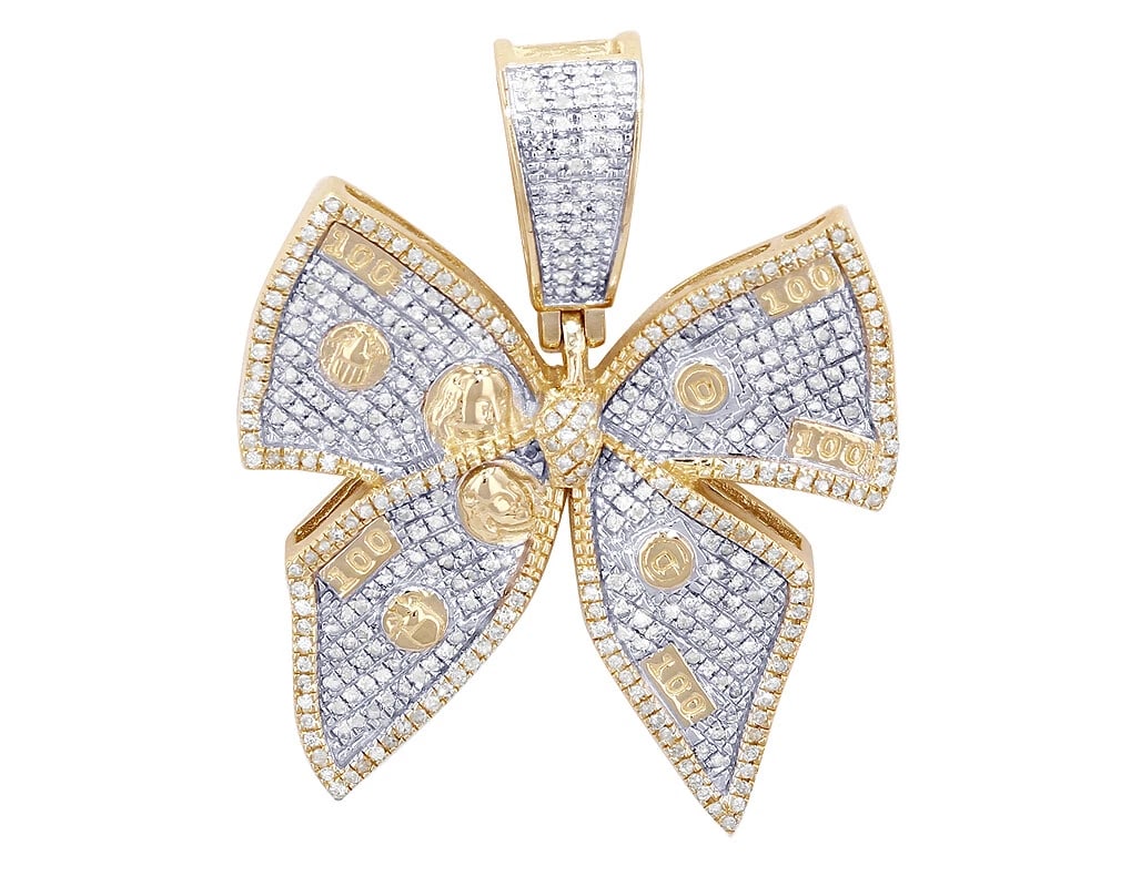 MONEY RIBBON DIAMOND PENDANT: Money Ribbon Diamond Pendant Brand: None Type/Style: Necklace Material: 10k Multi-Tone Gold Color: none Size: Dimension 1.3" Accessories: None Accessories Notice: When purchasing pre-owned