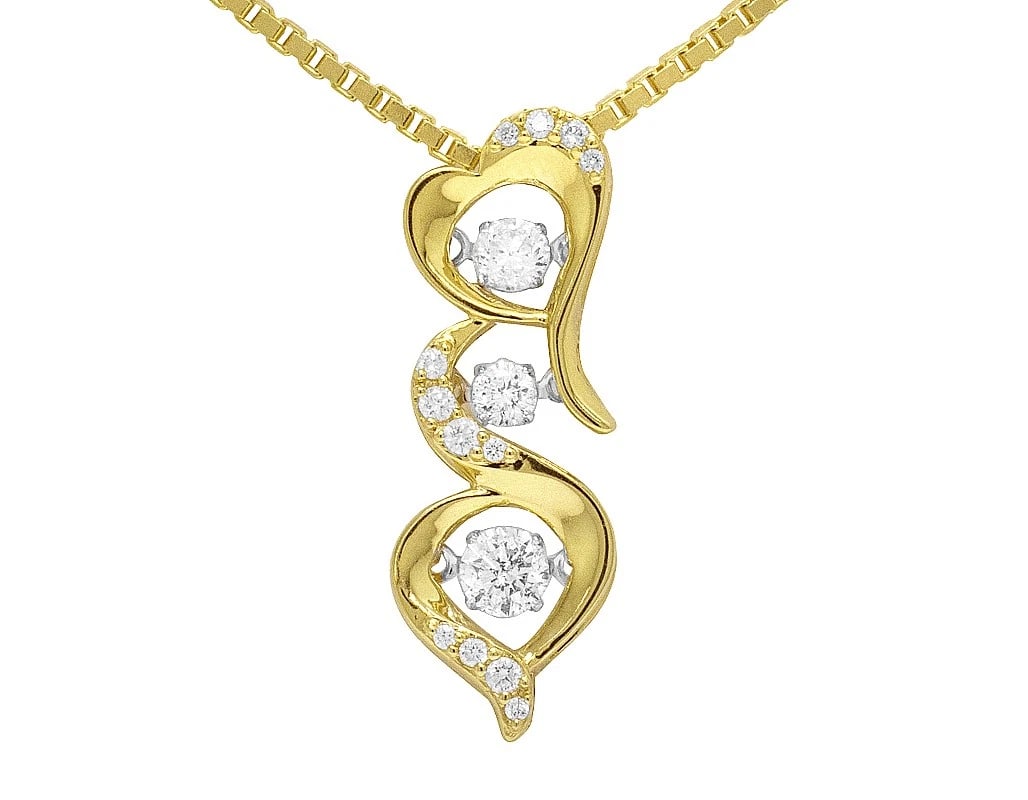 3 ROW DANCING DIAMOND HEART PENDANT: 3 Row Dancing Diamond Heart Pendant Brand: None Type/Style: Pendant Material: 10k Yellow Gold Color: Yellow Gold Size: Dimension 1" Accessories: None Accessories Notice: When purchasing pre-owned