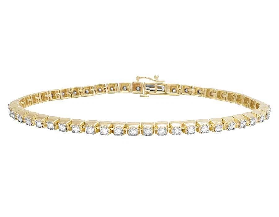ONE ROW PRONG GENUINE DIAMOND TENNIS BRACELET: One Row Prong Genuine Diamond Tennis Bracelet Brand: None Type/Style: Bracelet Material: 10k Yellow Gold Color: Yellow Gold Size: Dimension 9" Accessories: None Accessories Notice: When pu