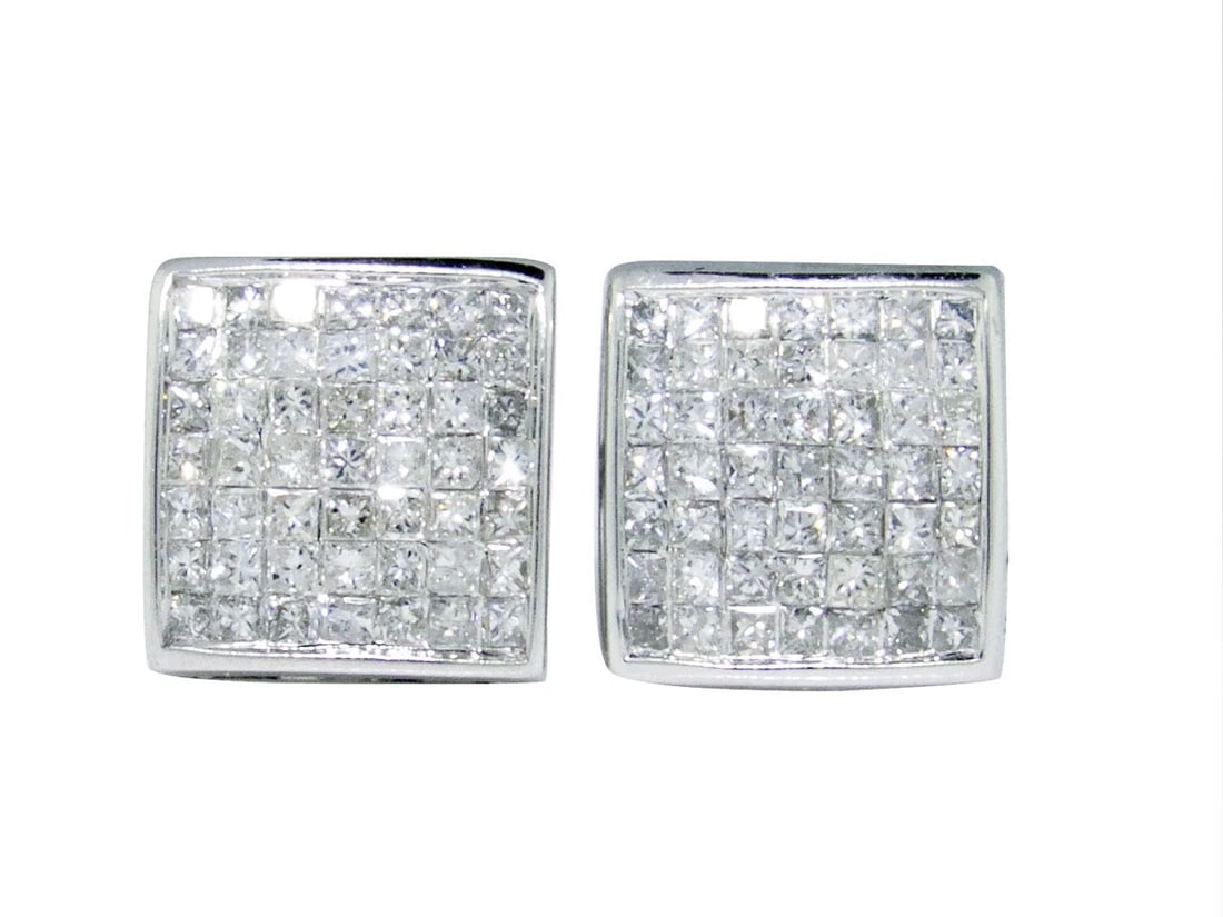 BEZEL PRINCESS BUT DIAMOND STUD EARRINGS: Bezel Princess But Diamond Stud Earrings Brand: None Type/Style: Earrings Material: 14k White Gold Color: White Gold Size: Dimension 8 mm Accessories: None Accessories Notice: When purchasing