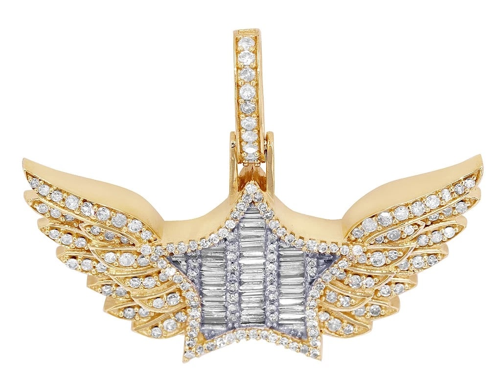 STAR-WING DIAMOND PENDANT: Star-Wing Diamond Pendant Brand: None Type/Style: Necklace Material: 10k Multi-Tone Gold Color: none Size: Dimension 1" Accessories: None Accessories Notice: When purchasing pre-owned goods, please