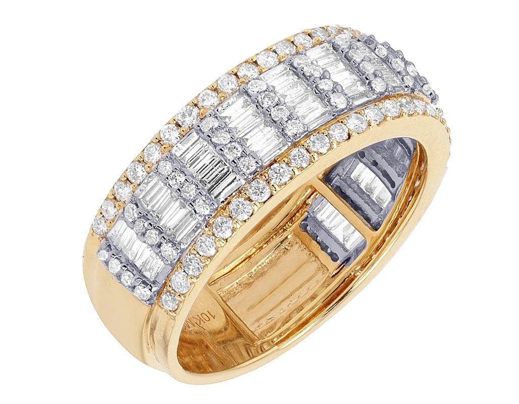 BAGUETTE & ROUND DIAMOND BAND RING: Baguette & Round Diamond Band Ring Brand: None Type/Style: Ring Material: 10k Yellow-White Gold Color: none Size: Dimension Width 8 MM Sz 10 Accessories: None Accessories Notice: When purc