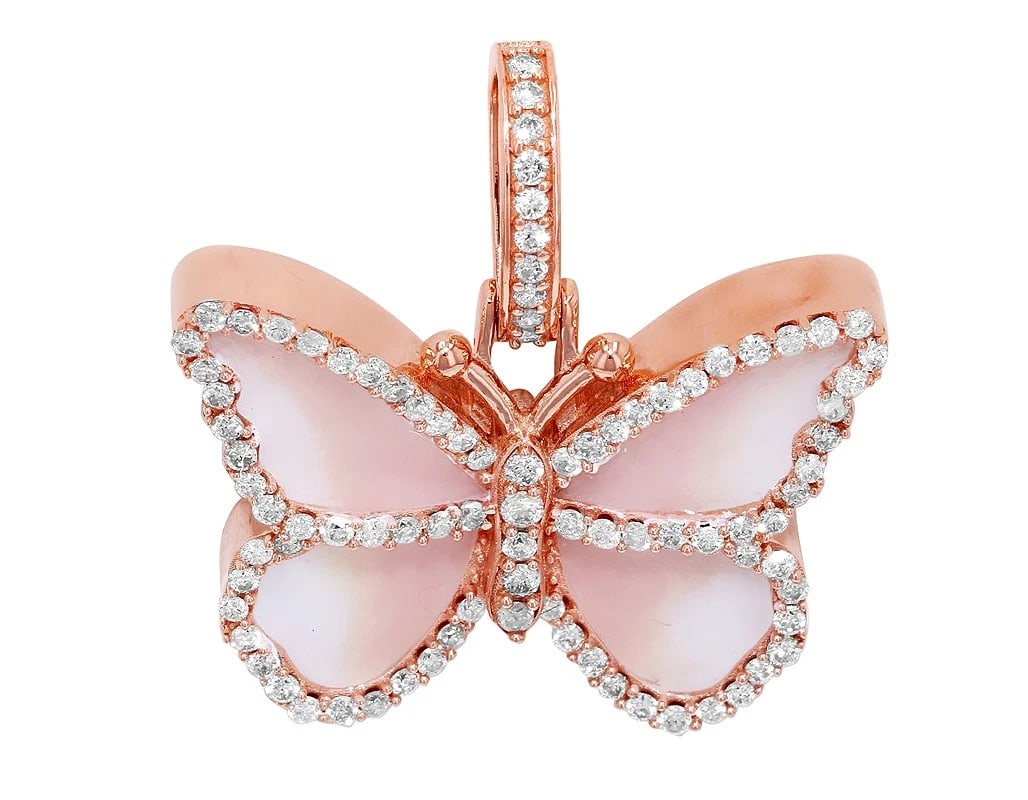 MOTHER OF PEARL & DIAMOND BUTTERFLY PENDANT: Mother of Pearl & Diamond Butterfly Pendant Brand: None Type/Style: Necklace Material: 10k Rose Gold Color: Rose Gold Size: Dimension 1" x 1" x 5mm Accessories: None Accessories Notice: Wh