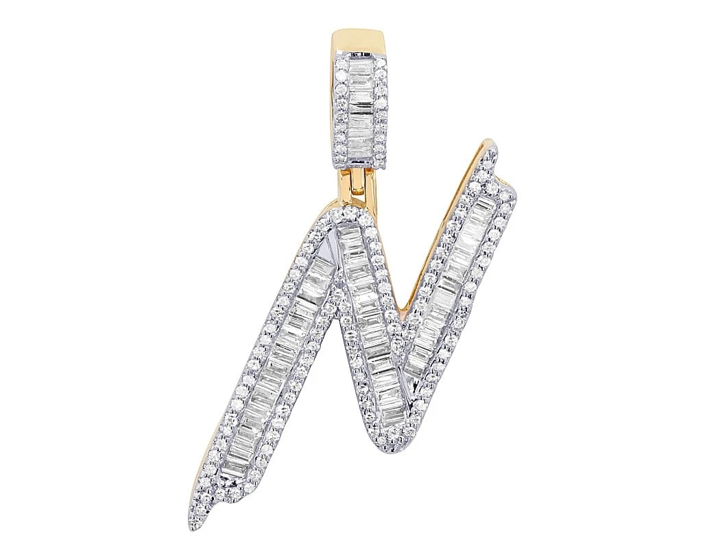 DIAMOND BAGUETTE INITIAL "N" PENDANT: Diamond Baguette Initial "N" Pendant Brand: None Type/Style: Pendant Material: 10k Yellow Gold Color: Yellow Gold Size: Dimension L 1.31", W 11.5 MM Accessories: None Accessories Notice: When