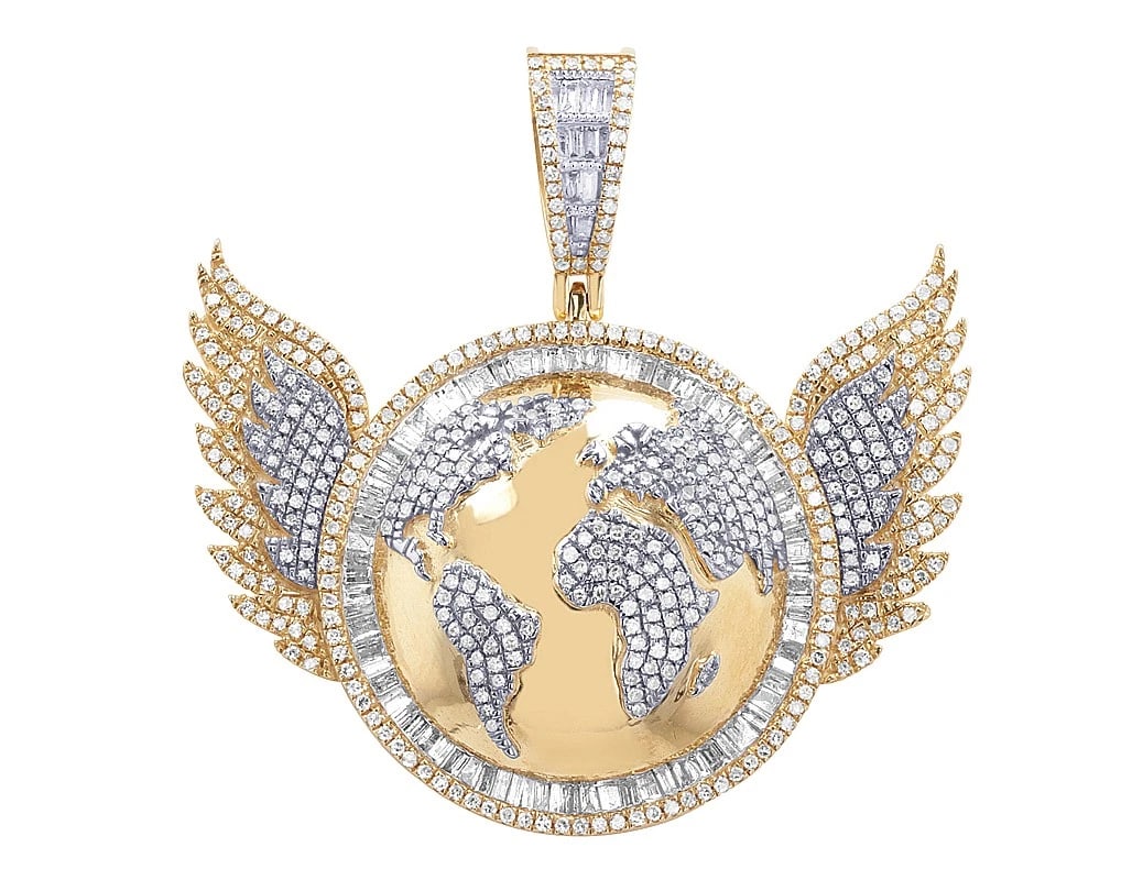 WINGED GLOBE FRAME DIAMOND WORLD MAP PENDANT: Winged Globe Frame Diamond World Map Pendant Brand: None Type/Style: Pendant Material: 10k Yellow-White Color: none Size: Dimension Length 32MM, Width 42MM, Bail 15MM Accessories: None Accessories