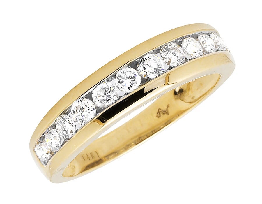 CHANNEL SET GENUINE DIAMOND WEDDING RING: Channel Set Genuine Diamond Wedding Ring Brand: None Type/Style: Ring Material: 10k Yellow Gold Color: Yellow Gold Size: 10US Accessories: None Accessories Notice: When purchasing pre-owned goods,