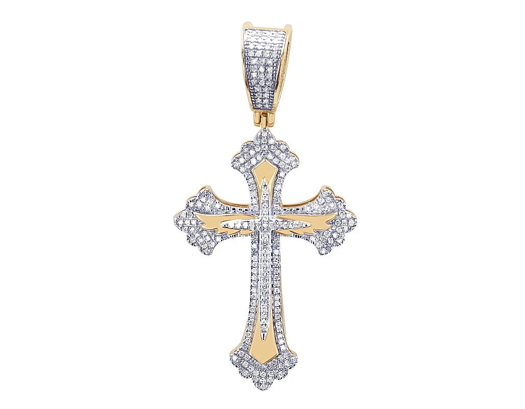 2 LAYER DIAMOND GOTHIC CROSS PENDANT: 2 Layer Diamond Gothic Cross Pendant Brand: None Type/Style: Pendant Material: 10k Yellow-White Gold Color: none Size: Dimension L 2.04" , W 25.6MM Accessories: None Accessories Notice: When