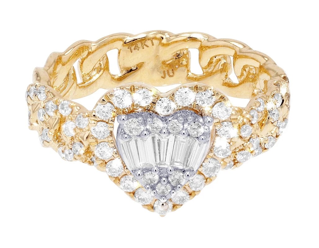CUBAN BAGUETTE HEART DIAMOND RING: Cuban Baguette Heart Diamond Ring Brand: None Type/Style: Ring Material: 14k Multi-Tone Color: none Size: 7 US Accessories: None Accessories Notice: When purchasing pre-owned goods, please refer to