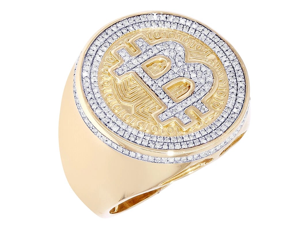 BITCOIN DIAMOND PINKY RING: Bitcoin Diamond Pinky Ring Brand: None Type/Style: Ring Material: 10k Multi-Tone Gold Color: none Size: 10US Accessories: None Accessories Notice: When purchasing pre-owned goods, please refer to the