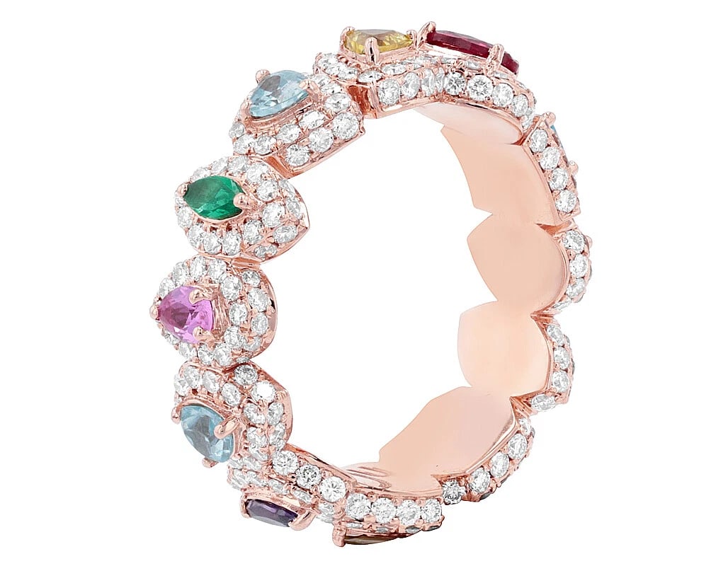 PRISMATIC RAINBOW MULTI GEMS DIAMONDS ETERNITY BAND RING: Prismatic Rainbow Multi Gems Diamonds Eternity Band Ring Brand: None Type/Style: Ring Material: 10k Rose Gold Color: Rose Gold Size: 7.5US Accessories: None Accessories Notice: When purchasing