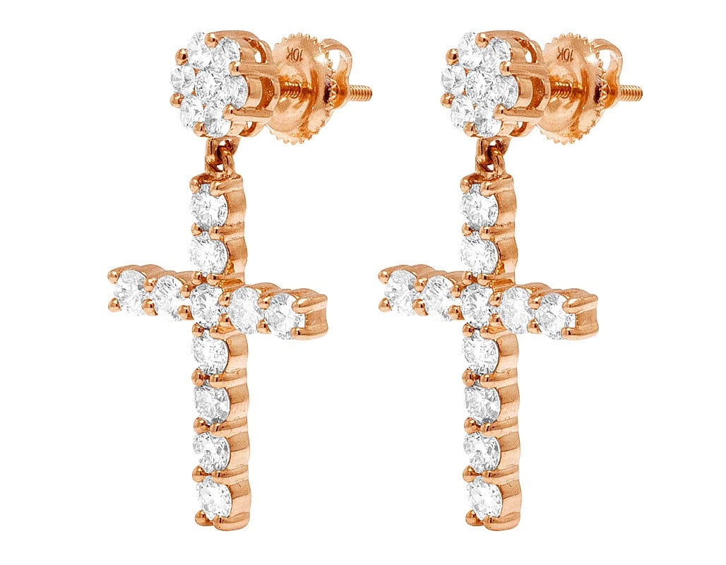 DIAMOND FLOWER CLUSTER CROSS DANGLE EARRING - 2