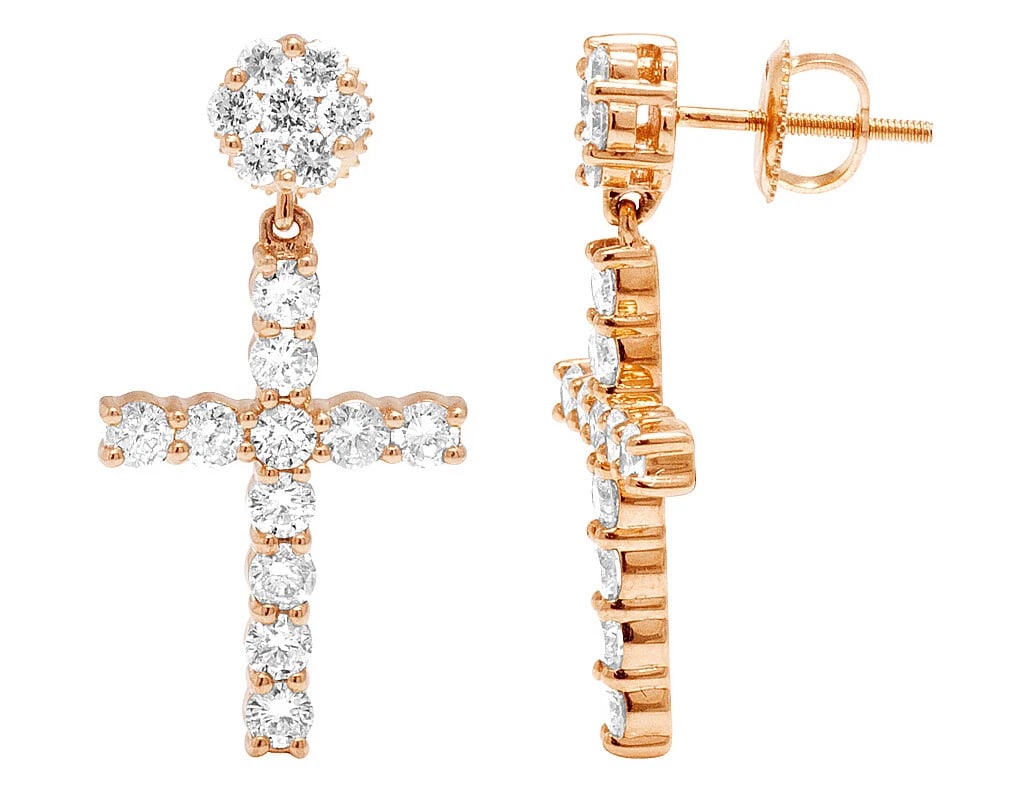 DIAMOND FLOWER CLUSTER CROSS DANGLE EARRING - 3