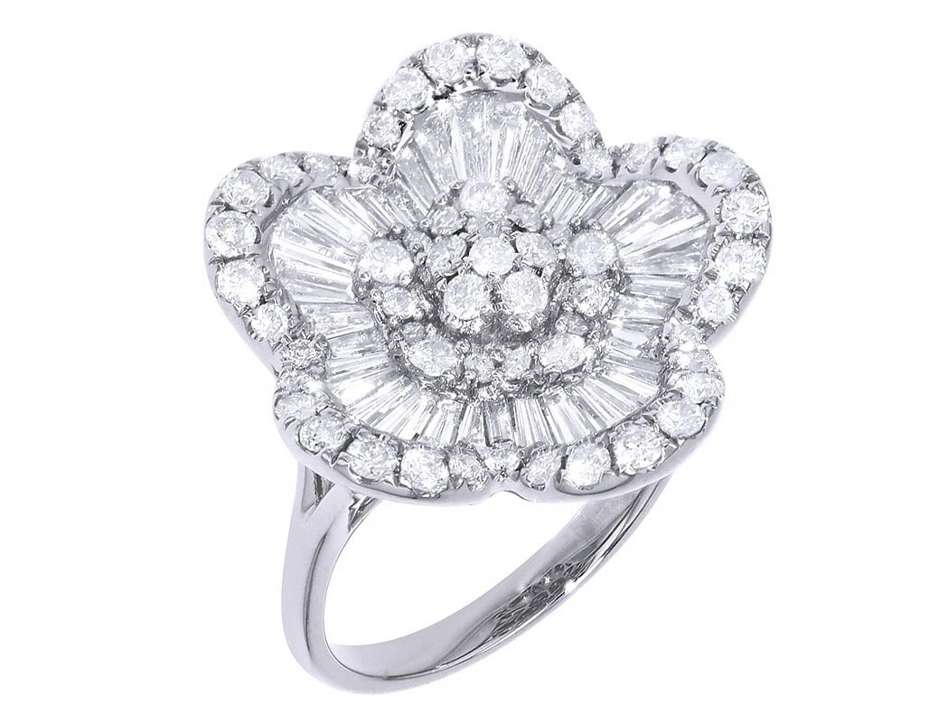 LAIES BAGUETTE FLOWER DIAMOND RING: Laies Baguette Flower Diamond Ring Brand: None Type/Style: Ring Material: 14k White Gold Color: White Gold Size: 7 US Accessories: None Accessories Notice: When purchasing pre-owned goods,