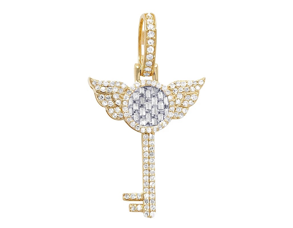 KEY BAGUETTE DIAMOND DESIGNER PENDANT: Key Baguette Diamond Designer Pendant Brand: None Type/Style: Pendant Material: 10k Yellow-White Gold Color: none Size: Dimension L1.4" , W0.8" , H0.1" Accessories: None Accessories Notice